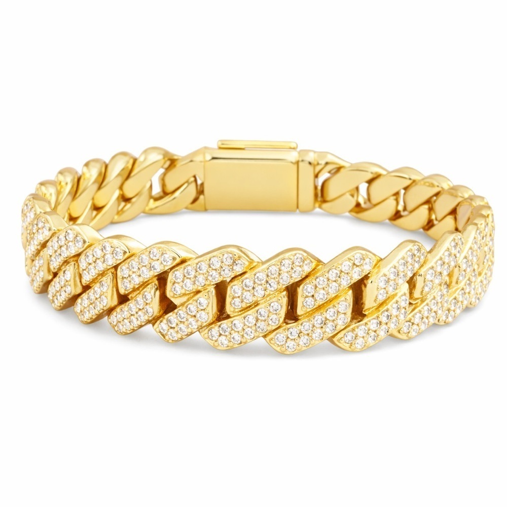 Gold Cuban Link Bracelet with Pave Crystals 14mm • 7.5” - Picture 2 of 7